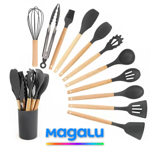 Jogo Kit Com 12 Peças Utensílios De Cozinha Colheres Espatulas Pegador Silicone Copo Suporte – Prime