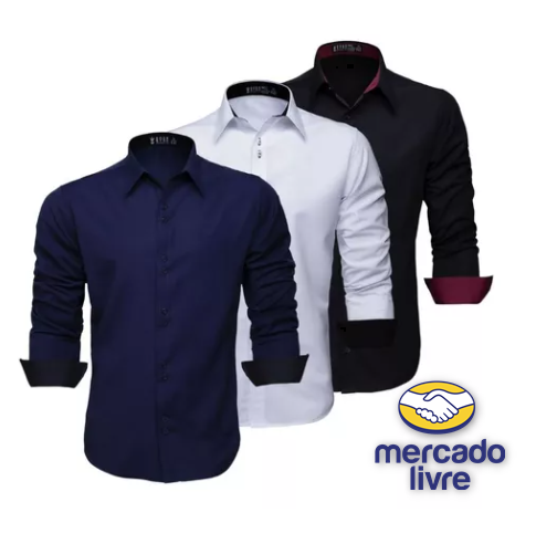 Kit 3 Camisa Social Masculina Slim Fit Sem Bolso Luxo