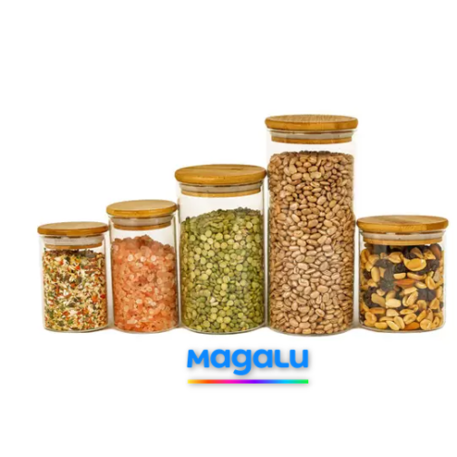 Potes de Vidro P/ Mantimentos C/ Tampa Bambu Oikos – 5 Pçs